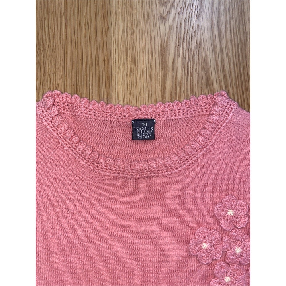 100% Cashmere Pink Crew Neck Sweater Size M‎ Pullover Crochet Floral Vintage - Picture 11 of 11